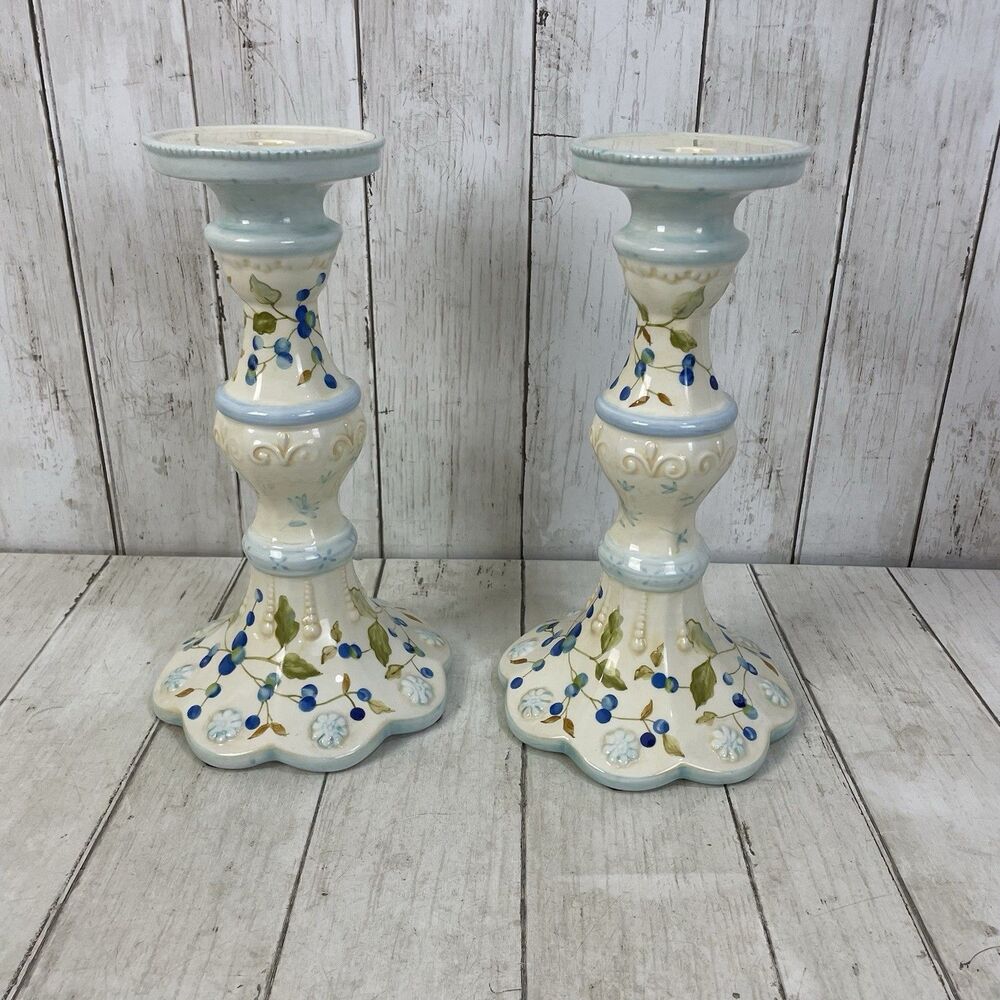 Tracy Porter  Annette Candlestick 10.5" Holders Hand Painted Blueberry Cottage